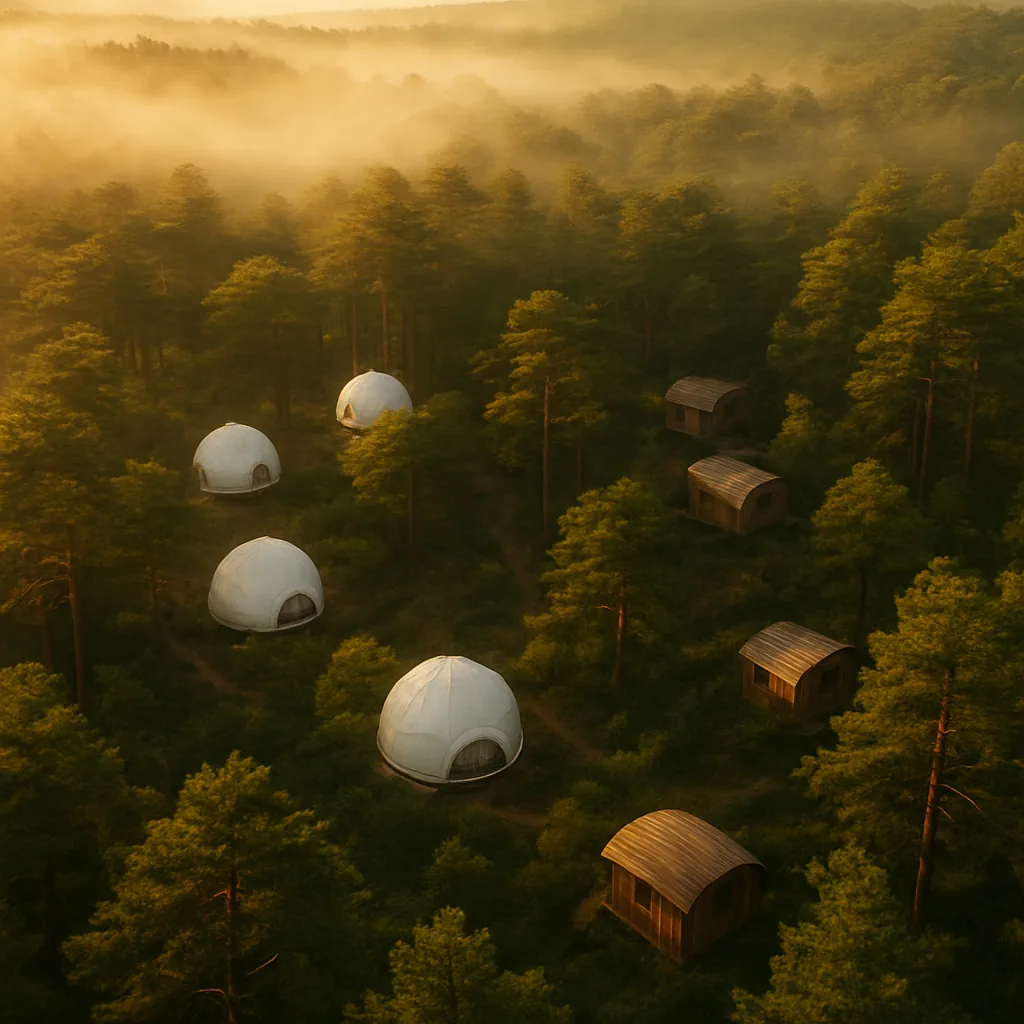 Aerial view of Wanderlustpineglade luxury glamping resort in Japanese pine forest at dawn