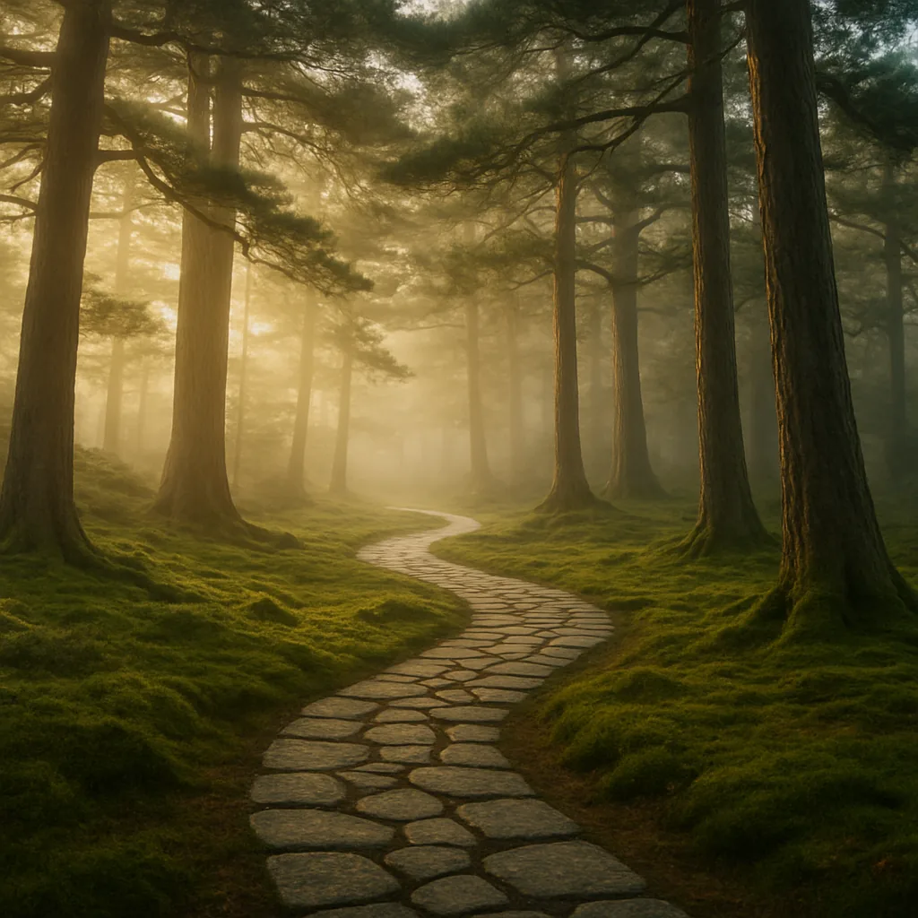 Ancient Japanese pine forest path bathed in golden morning light