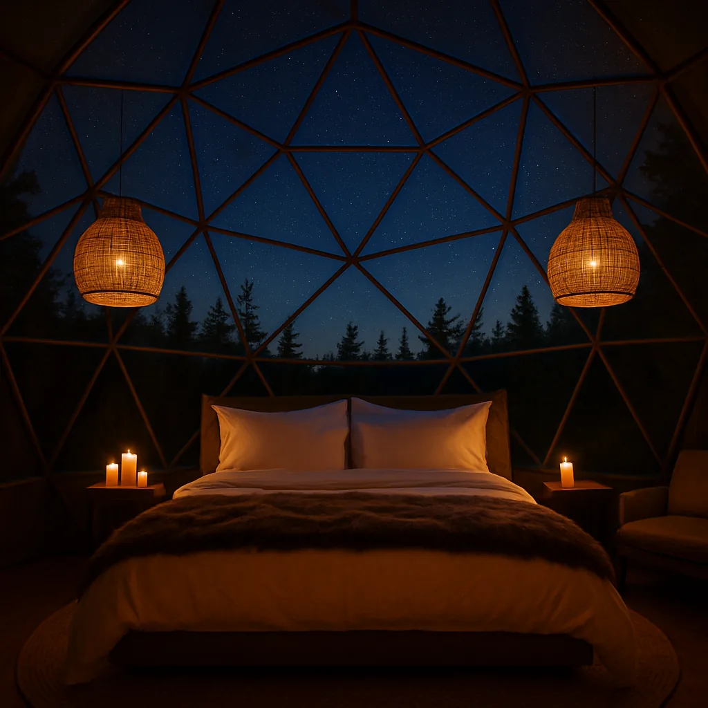 Luxury sphere tent interior at night with starry forest views through the transparent dome