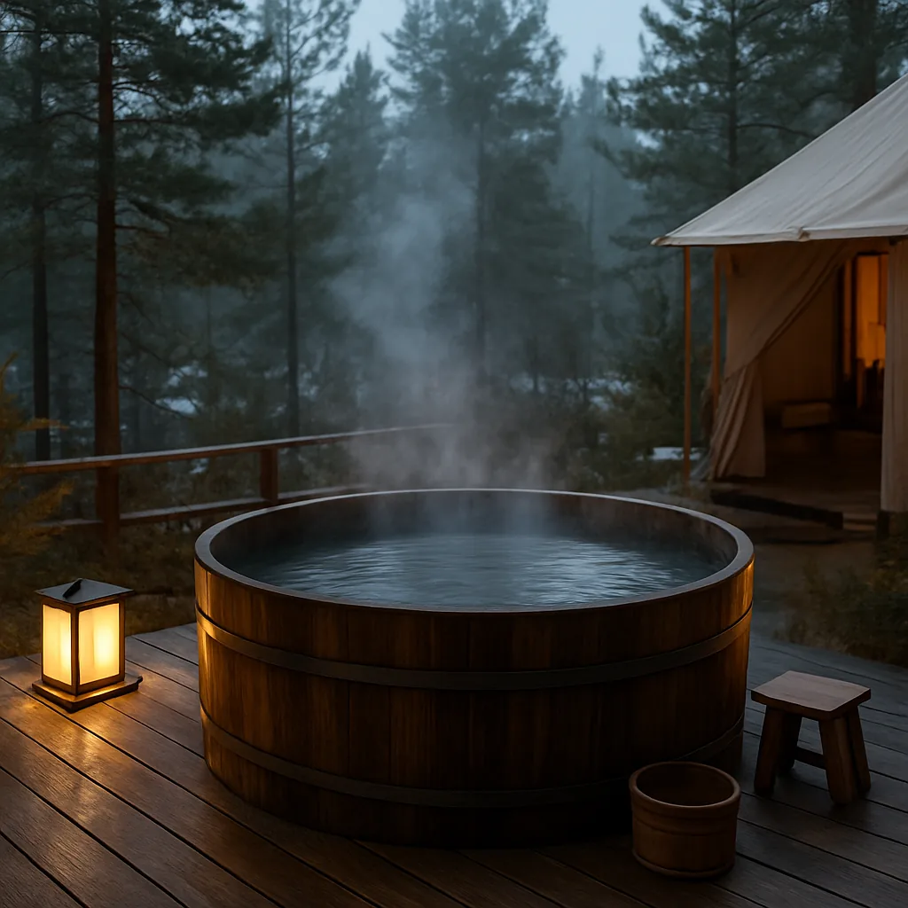 Private outdoor onsen barrel bath surrounded by pine trees with steam rising
