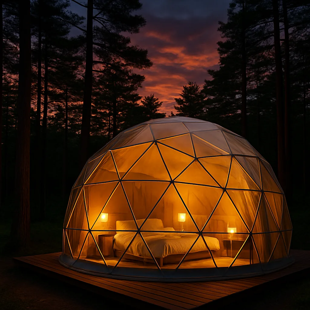 Luxury sphere tent glowing in the pine forest at twilight